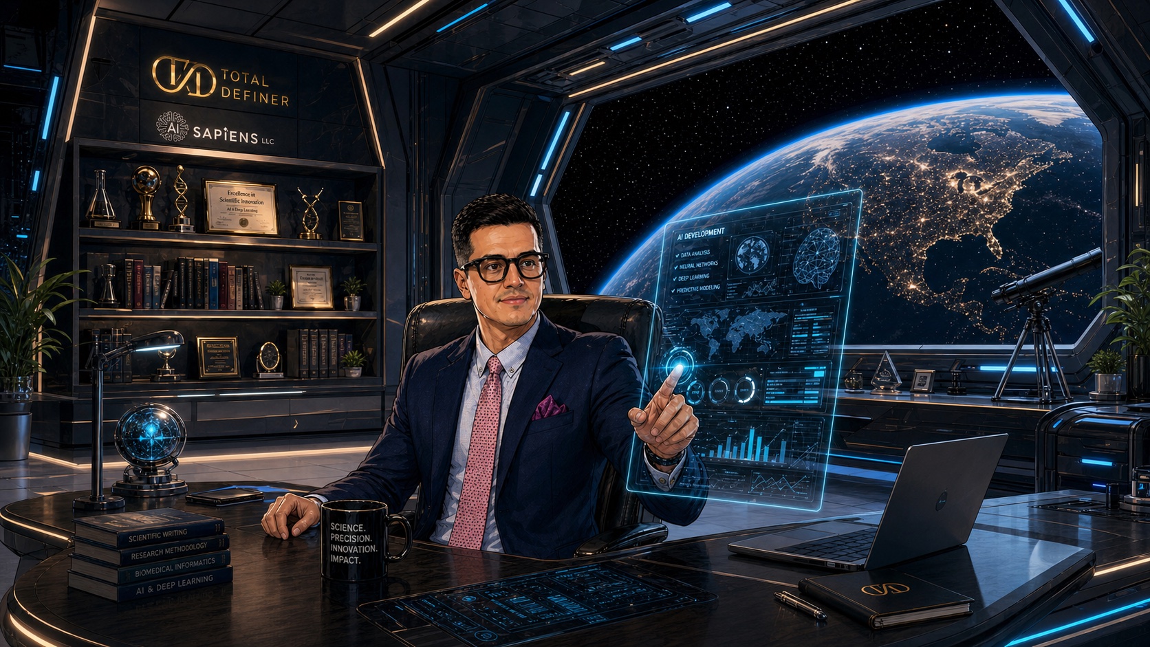 Anime portrait of Dr. Mauricio Pérez in a futuristic research studio